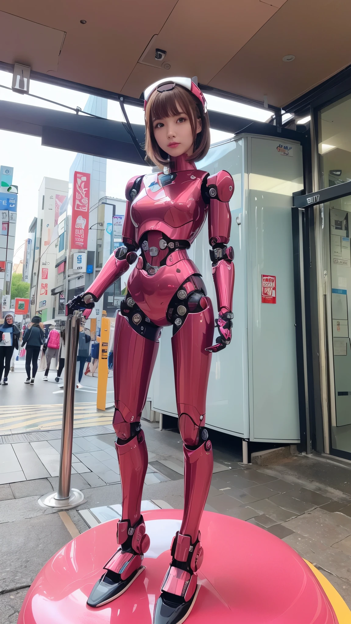 Robot Girl, pink, Silver, Metallic body, Robot Parts, Metal Parts, Super Detailed Face, Super well-formed face, of the highest quality, a small face, a small head, Brown hair, Slender body, Camera gaze, Idol, front facing, Well-proportioned body, sale, Exhibited, Event Hall, Moe Pose, pink metallic Princess dress machine armor, Standing with legs open, Model body type, sad, Embarrassing,(Perfect Robot Girl),(Perfect machine body)