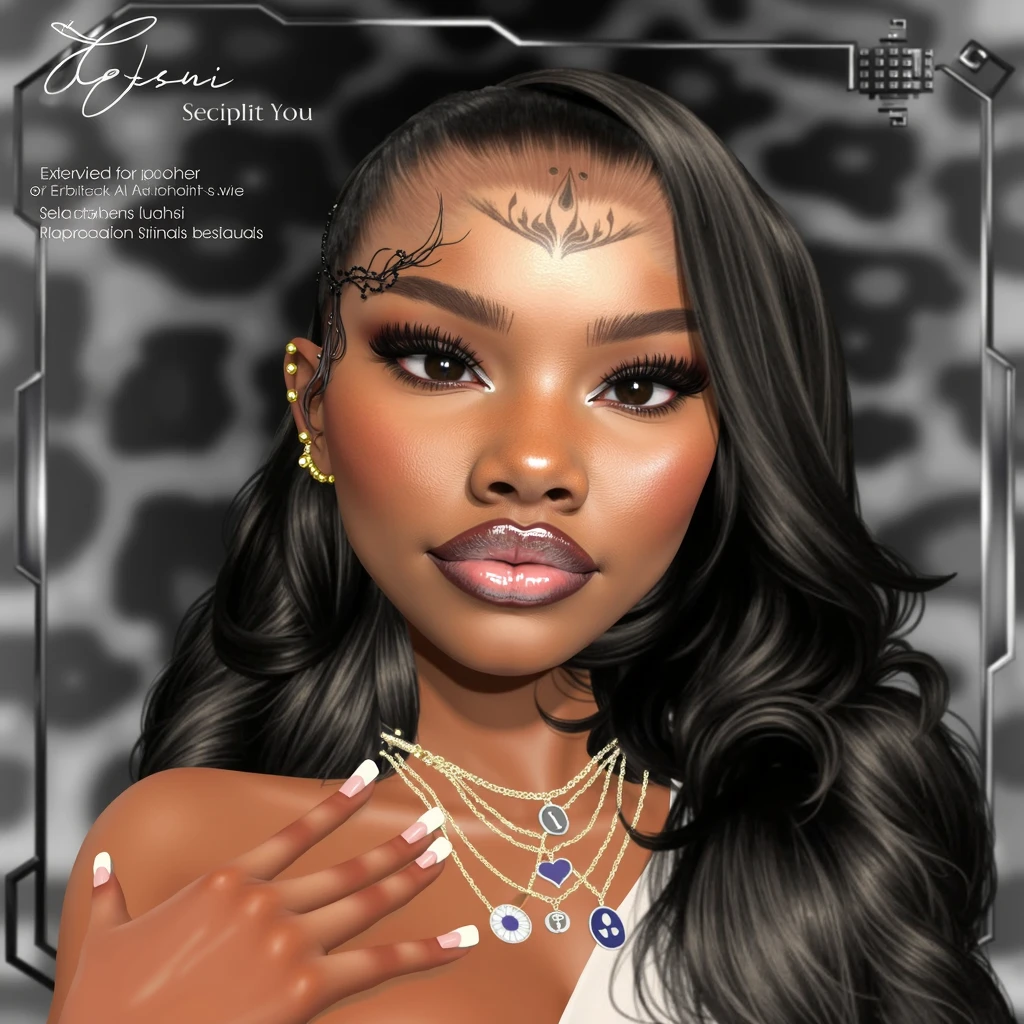 there is a woman with long hair and a necklace on her neck, imvu, second life avatar, inspired by Dulah Marie Evans, inspired by Lily Delissa Joseph, ☁🌪🌙👩🏾, wears a egyptian ankh necklace, ( ( dark skin ) ), elitedangerous 💙💜 ornate ︎, upper body avatar, inspired by Esaias Boursse