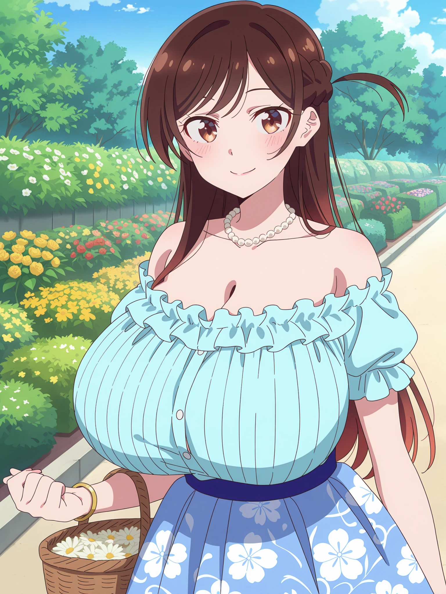  (1 girl), (smile), (Huge breasts:1.2), (Chest close-up), (Long Hair),  (Looking at the audience), (from before), (Hair Flower), (garden), (Pasture),(((large breasts))),((cleavage))
