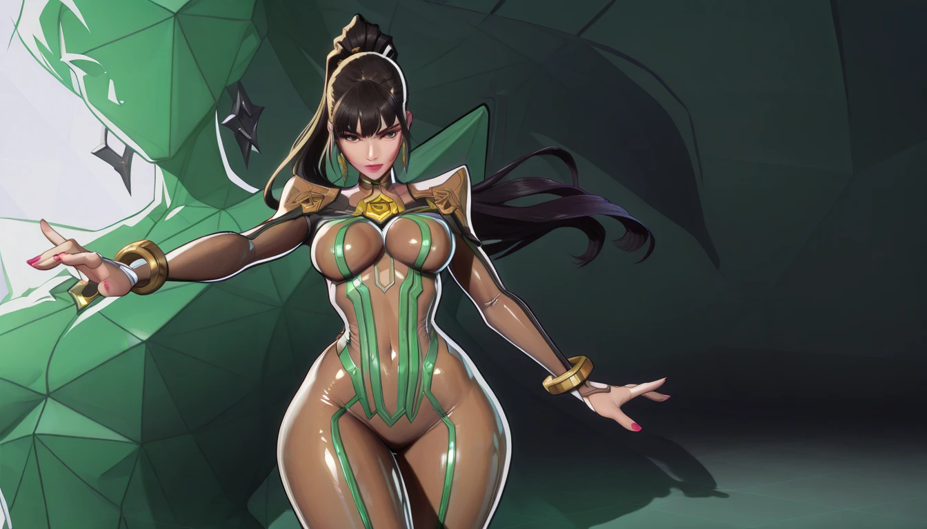 (dark hair with slight blue hue, long hair) , yellow slit eyes, in forest, tight leotard open from cleavage to below navel, large breast hardly contained, small green cape over her right shoulder, thigh-high boots, green gloves, snake tattoo on left leg and scales tattoo under her left eye,nice lighting