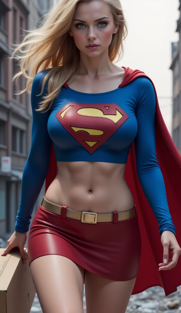 (1girl, solo, masterpiece, 4k,  best quality:1.2, (cowboy shot), best quality:1.2, NICE HANDS, COLORFUL, (perfect hands, perfect anatomy)), 
SUPERGIRL, RED CAPE, BLUE SHIRT, BELT, (PINK BELT), KNEE BOOT, SHORT HAIR, BLONDE, ((RED TIGHT SKIRT+PELVIC CURTAIN)),
(((BIG breasts, big hips, looking at the viewer, TIGHT CLOTHES, SMALL CLOTHES))), (NIPLES UNDER SHIRT), (ABS:0.8), ((underboob)),
(((arms up, hands behind head))), 
((simple background, white background)), <lora:GoodHands-vanilla:1>