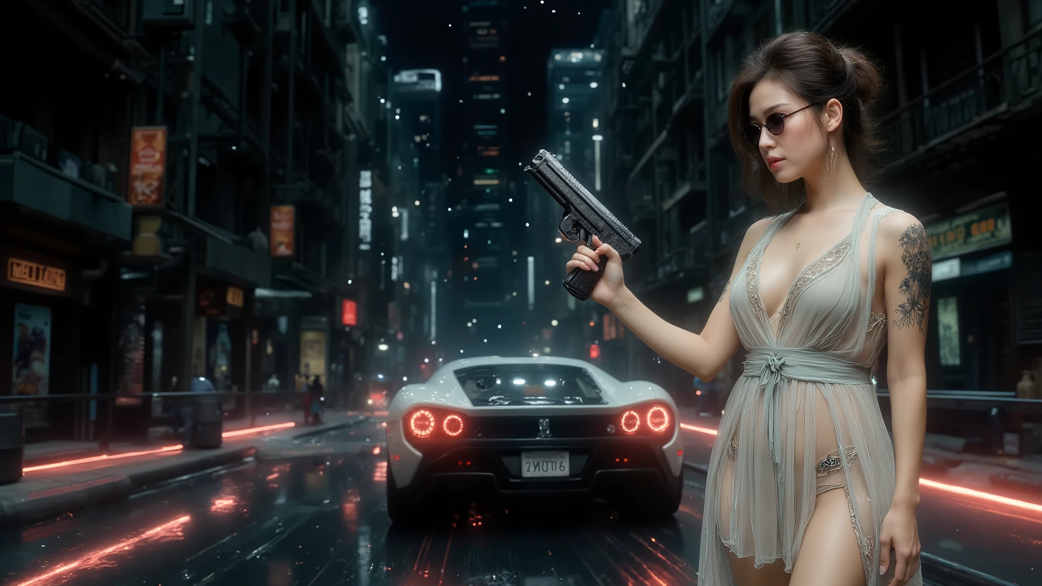 (Wide angle view). Matrix film inspired New York city, simple outlined neon tall buildings, glowing giant clock tower, year 1937 cars, lightning, 3D rendering Beeple. At night, (1girl, solo, alone), photorealistic, medium-breast slim:0.6 body, oval:0.5 face, cleavage:1.1, very low angle view of sexy ethereal white dress, deep-v, ((upskirt)), glove, (Matrix style black micro sunglasses), ((aiming viewer with a short gun)), (half-body thigh level close-up shot), cinematic lighting, ray tracing.