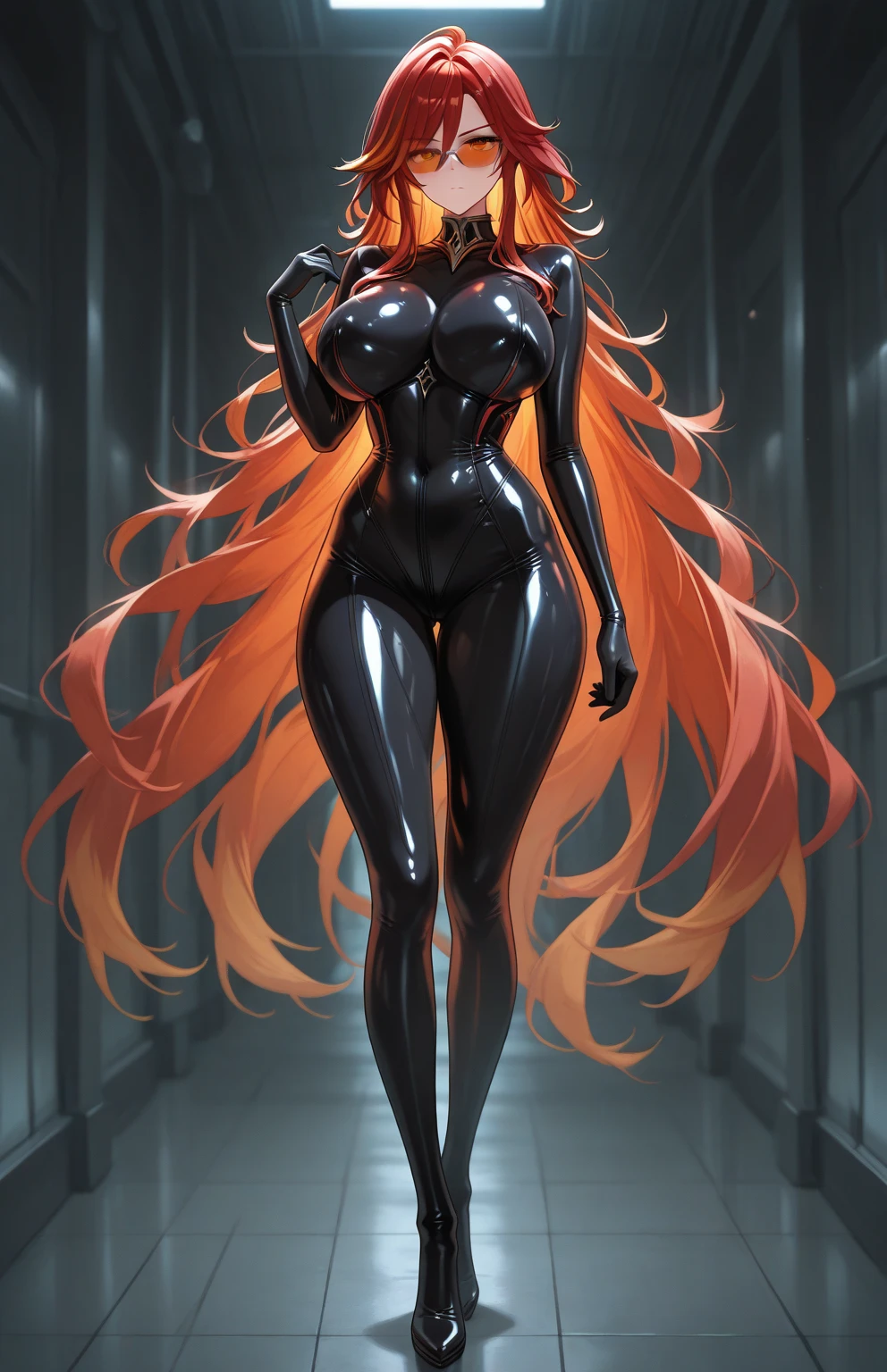 1 girl, best quality, masterpiece, red hair, green eyes, dull empty eyes with purple glint, hypnotized, mind control, wavy hair, black latex bodysuit, shiny latex bodysuit, latex gloves, latex ballet heels, metal cuffs on wrists, metal collar with lock, big breasts, big thighs, big butt, hourglass figure, standing upright, at attention, legs together, saluting with right arm, sharp army salute, left hand rubbing crotch, drooling, blushing, body quivering