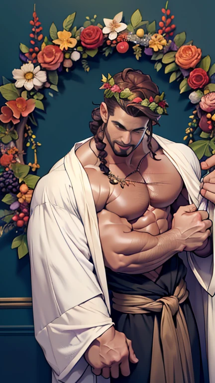 1boy, ancient greek, long wild copper red hair, waist length hair, bright red eyes, grin, sharp teeth, greek toga, muscular, large pecs, light skin, white greek toga, golden apple tree, evil, snake arm tattoo, dragon, muscular, grin, slight stubble, long hair, above the waist