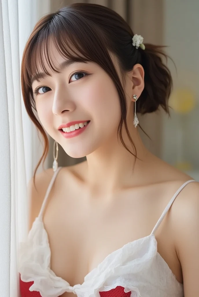 1 girl, Japanese Office Lady、Shibuya Snap, Tokyo、(Small silver earrings、Silver Necklace:1.2), (RAW Photos, highest qualそれy), (Realistic, Realistic:1.4), Tabletop, Very delicate and beautiful, Very detailed, 2k wallpaper, wonderful, finely, Very detailed CG Unそれy 8K 壁紙, Very detailed, High resolution, Soft Light, Beautiful detailed, Very detailed目と顔, Beautiful and sophisticated nose, finelyて美しい目, Cinema Lighting, Perfect Anatomy, Slender body, Was nervous, 
Straight semi-long hair, bangs, Looking at the audience, smile.Mid-chest.