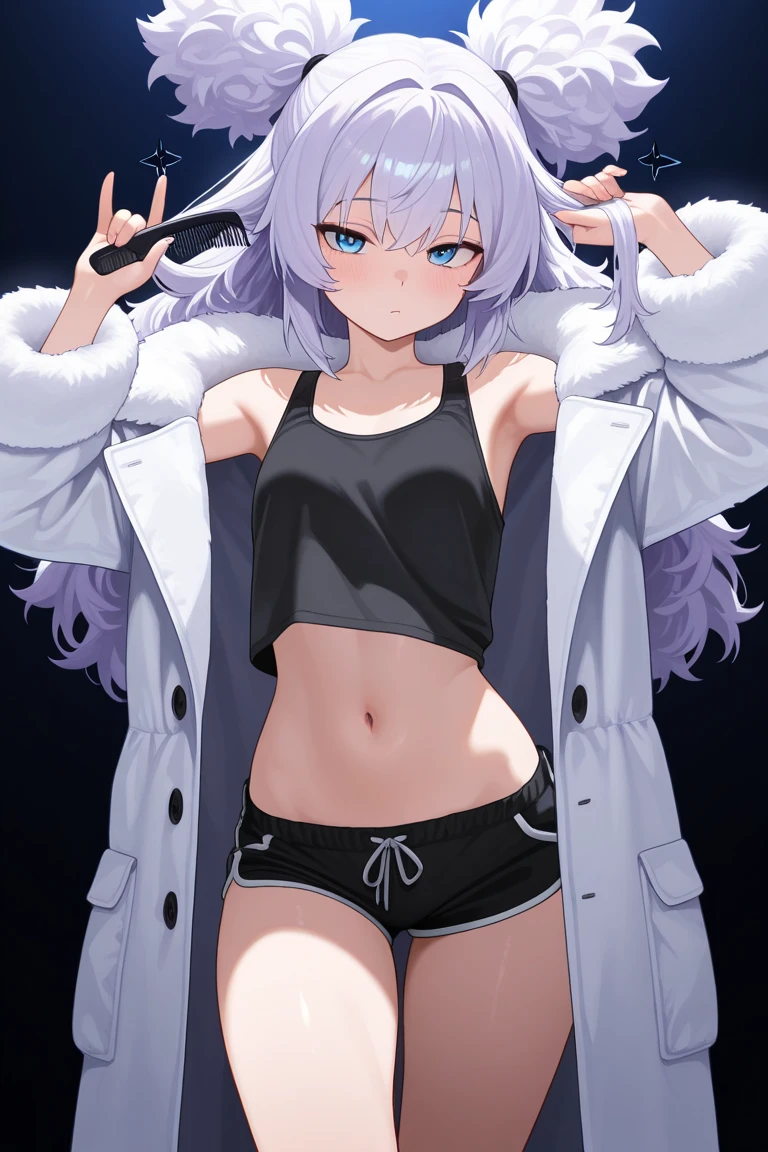 Emilia re:zero, purple eyes, Emilia, crown braid, x hair ornament, flower hair ornament, white hair, long hair, medium breasts, cat ears, anime girl with white hair in a black top sports bra, blue archive, halo, seductive anime girl, female anime character, anime vtuber full body model, neferpitou, anime moe artstyle, render of april, thicc, smooth anime cg art, , anime woman, fullbody commission for, anime full body illustration, full character body