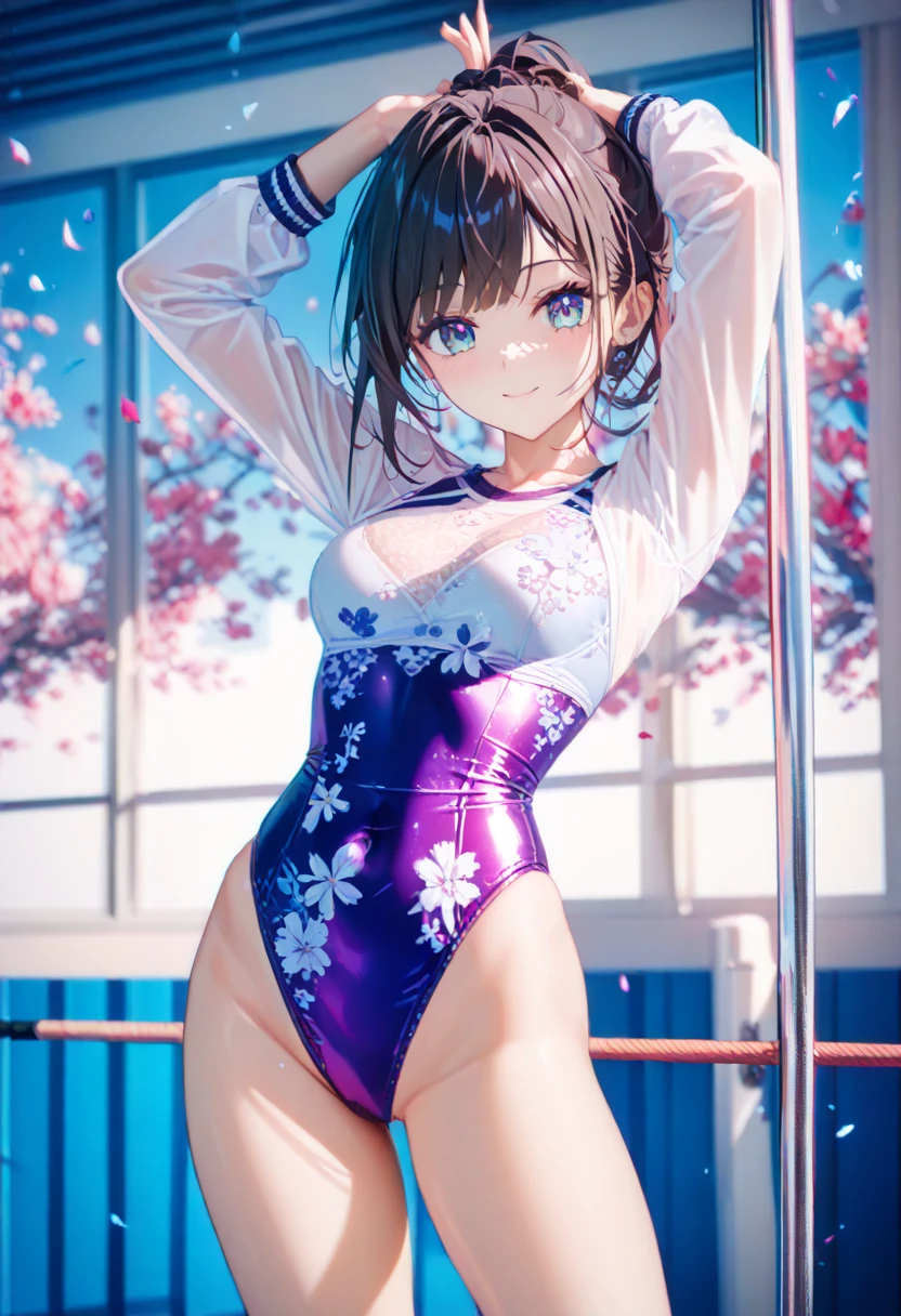 highest quality、very delicate and beautiful、I、I、8-year-old little girl、Japanese、upon、Chiquita、Noble、primary school student、black hair、(((Pink leotard)))、(High leg)、Tiara on the head、lazy smile、Are standing、facing forward、hot spring with snow background、bathing