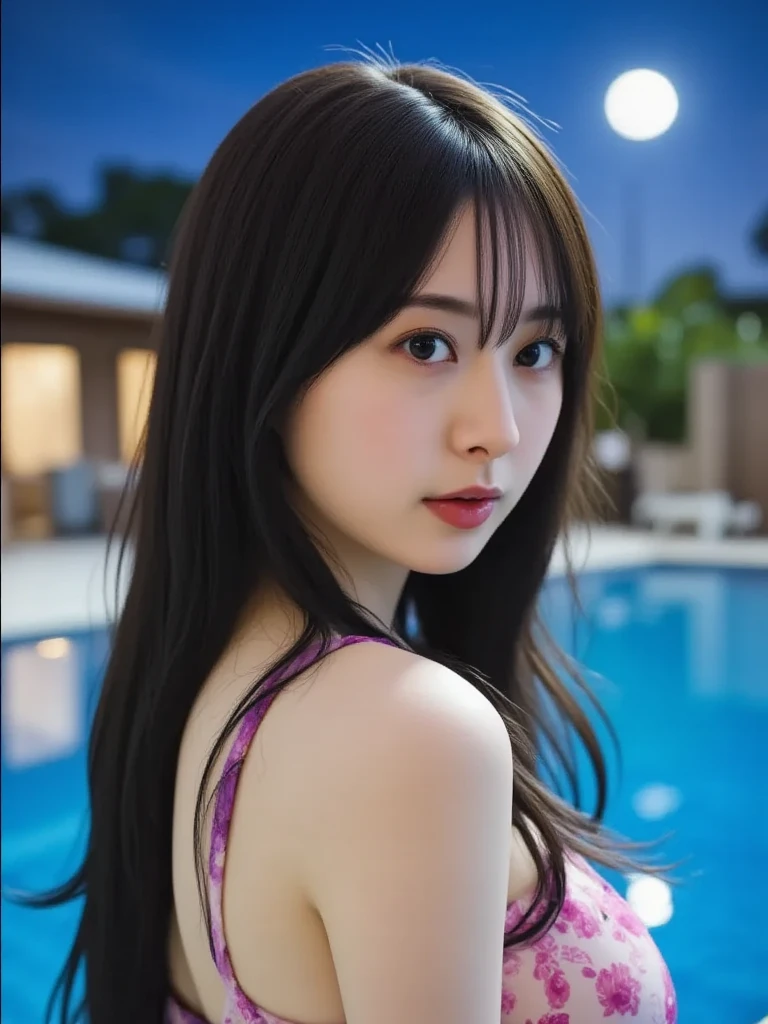 (Best-quality, Masterpiece, Ultra-High-Resolution, (Photorealistic:1.4), Raw Photo, depth of field, professional lighting, perfect anatomies, extremely details), (((Magnificent view):1.3)), (((late at night, in pool, lots of splash, beautiful night-sky, beautiful night-stars, beautiful water of pool))), (1girl, the most famous 15-years-old Japanese-idol), ((extremely cute and extremely realistic face like the most popular Japanese-idol), (((extremely cute and extremely big black-eyes))), extremely cute lips, extremely cute long-eyelashes, ((extremely cute and extremely realistic skins))), (innocent smile), (((extremely beautiful hair)))