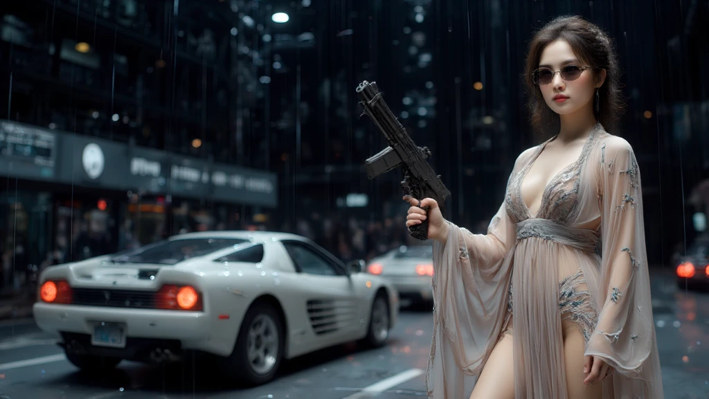 (Wide angle view). Matrix film inspired New York city, simple outlined neon tall buildings, glowing giant clock tower, year 1937 cars, lightning, 3D rendering Beeple. At night, (1girl, solo, alone), photorealistic, medium-breast slim:0.6 body, oval:0.5 face, cleavage:1.1, very low angle view of sexy ethereal white dress, deep-v, ((upskirt)), glove, (Matrix style black micro sunglasses), ((aiming viewer with a short gun)), (half-body thigh level close-up shot), cinematic lighting, ray tracing.