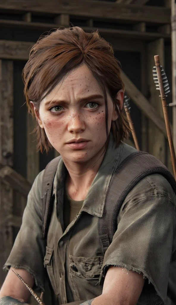 Adult Ellie Williams from The Last Of Us Part 2, dressed as spiderman, face and hair not covered by the costume