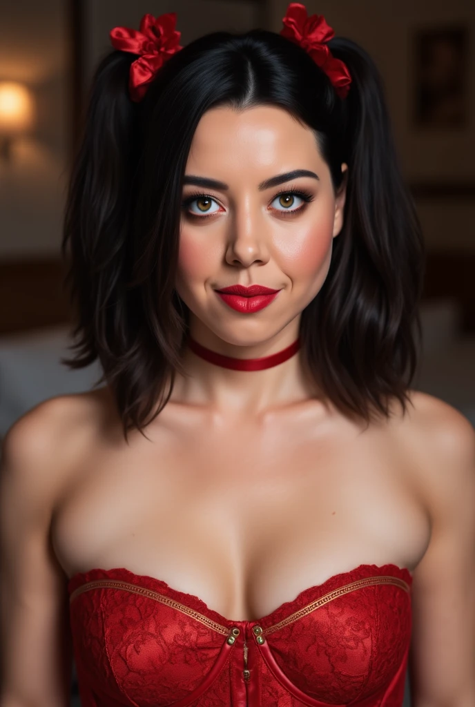 　
 She has short black bob hair, a beautiful smile, and a small face. She is wearing sexy red underwear that accentuates her I-cup breasts.