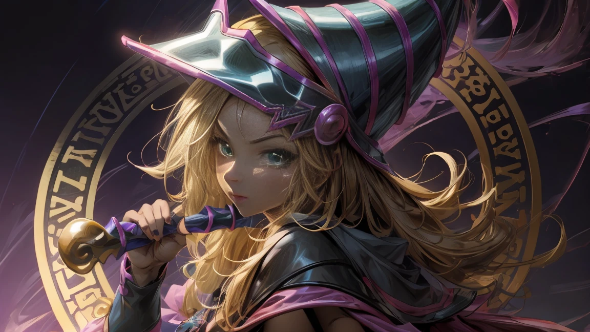 Mujer preciosa dark magician girl ( neon cyberpunk ), The neon sings, neon lighting, RTX chica maga oscura iluminando volando en el aire. Encima de la ciudad a media noches. Luna llena. Cielos de estrellas. Mago oscuro volando