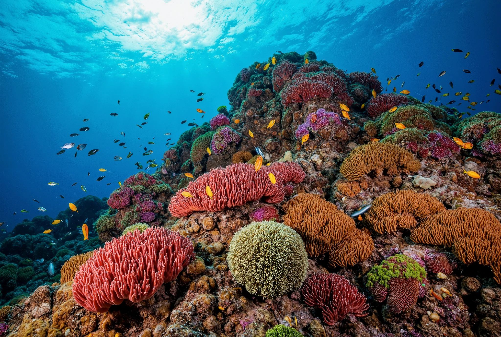 A vibrant coral formation rising from the seafloor, intricate colourful structures teeming with life. Schools of iridescent fish dart and weave through the waving fronds of red and green sea fans and sea whips, their colors shimmering in the soft, blue-green light. Delicate sea anemones wave their tentacles, while sea turtles lazily munch on bright lush sea grasses. The coral itself is a kaleidoscope of hues – oranges, pinks, purples, and blues – as if painted by the sea's own brush. Among the bright bold coral, lush underwater plants thrive – sea lettuce, kelp, and dulse seaweed sway gently in the current, their leaves and fronds shimmering like jewels. Starfish, sea urchins, and conchs make their homes among the coral's nooks and crannies, adding to the garden's vibrant tapestry. The water itself is crystal clear, allowing sunlight to filter down and illuminate the garden's wonders. Every nook and cranny holds a new discovery – a colorful nudibranch making its way slowly across a coral branch, a shy octopus peeking out from behind a rock, or a school of tiny fish playing hide-and-seek among the sea fans. Lively, Busy, Nature, Marine Life, Coral Reef, Sea, Light, Sunrays under water, Lush plants, Seabed. Masterpiece, HD, Ultra Realistic, High Resolution, Sharp Detail, Deep Water, Currents, Super High Quality, High Focus Details, Full wide view.