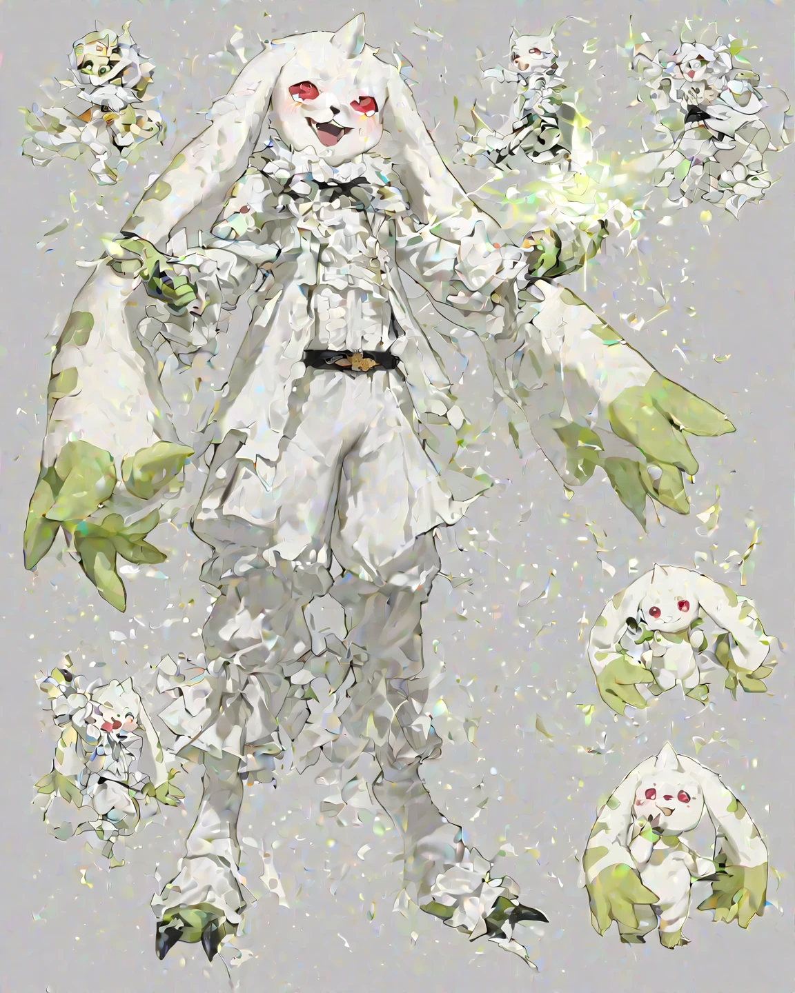 ((white fur)), green hair, long ears, rabbit, droopy ears, male, long legs, digitigrade legs, (tall:2), , lanky, has a deck of cards, ((large toes:2)) ((large paws:1.8)) ((NSFW)) ((No clothes)) 