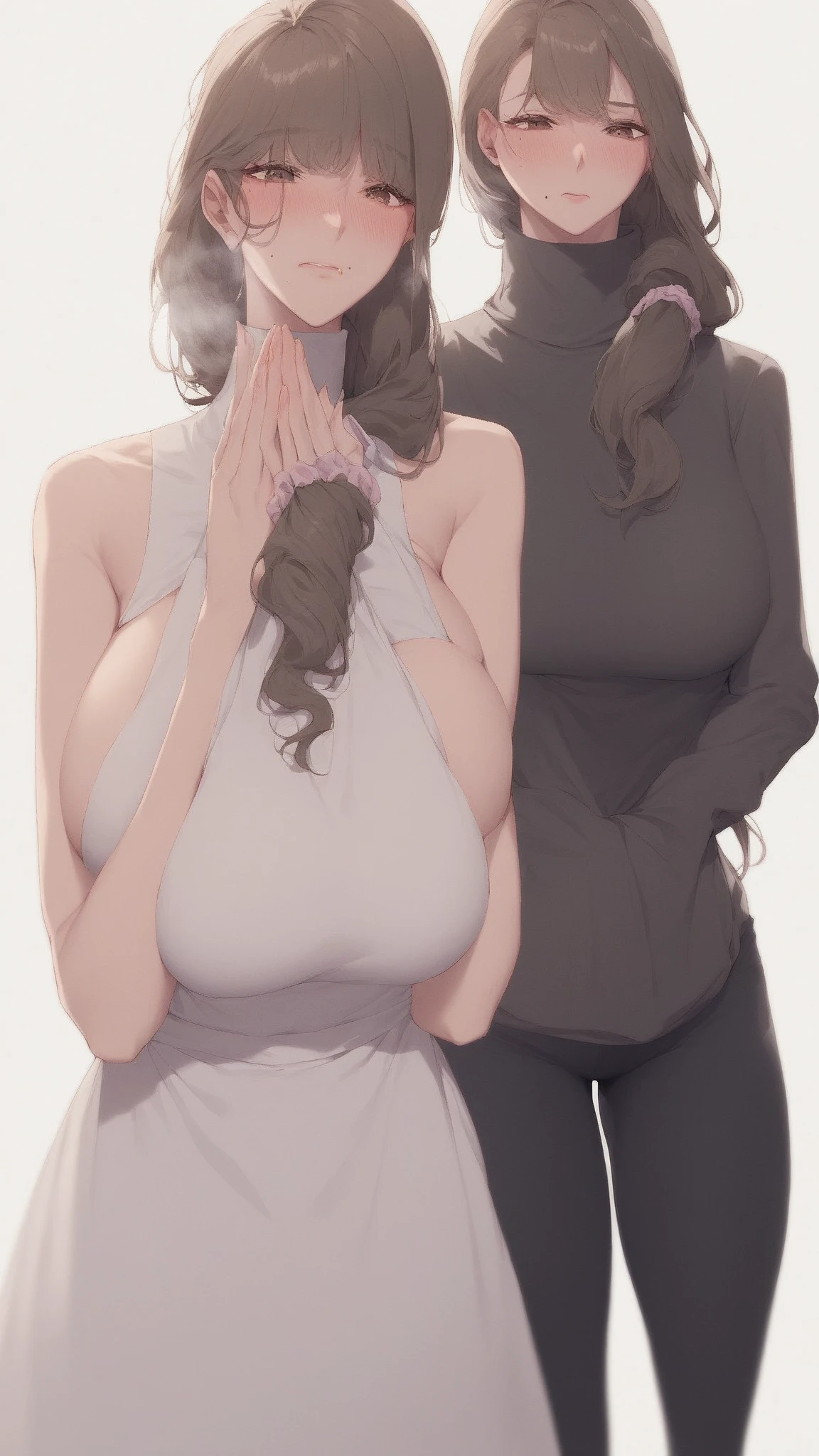 (obra-prima:1.4), (melhor qualidade), (detalhado) garota linda, cabelo preto e branco, e olhos verdes, seio grande, perna grossa , bunda muito grande, roupa apertada hentai