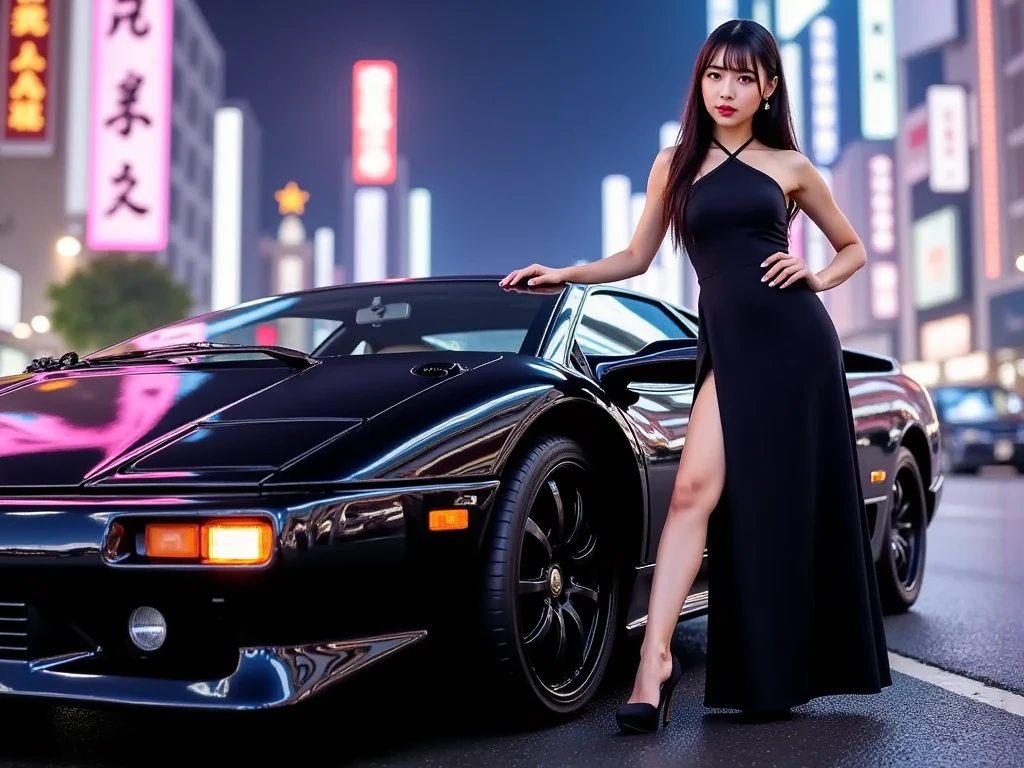 lamborghiniveneno, masterpiece, best quality, 1car, 1girl, standing, white skirt, black stockings, bra, high heels, city background, white car, street, buildings, night, highly detailed  <lora:LamborghiniVeneno:0.6>