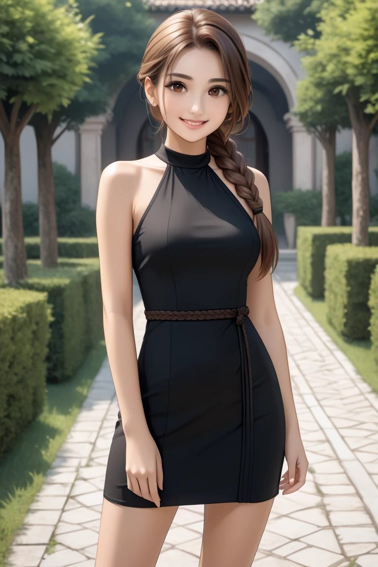 4k ultra hd, masterpiece, very high quality, a girl, age 20 years old girl, good face, smooth face, detailed eyes, beautiful hair, very long hair, hair band, cute look, modern dress, black shirt, black jeans, morning background, buildings, sun lights, clear weather, stylish looking,