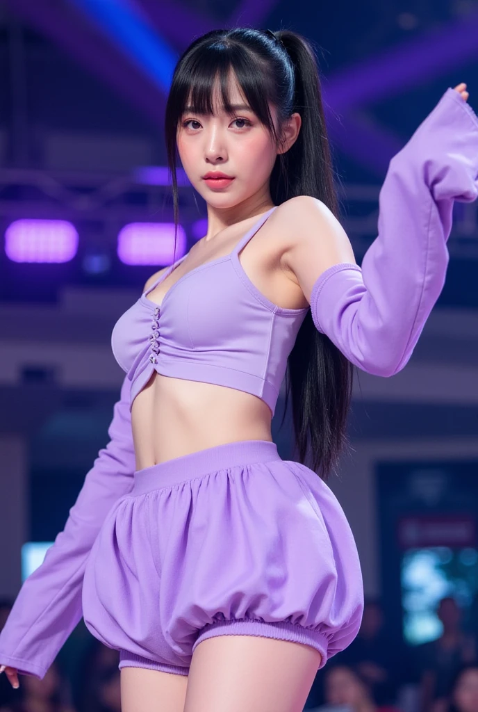 a woman with long hair wearing a purple crop top, night time, dark night