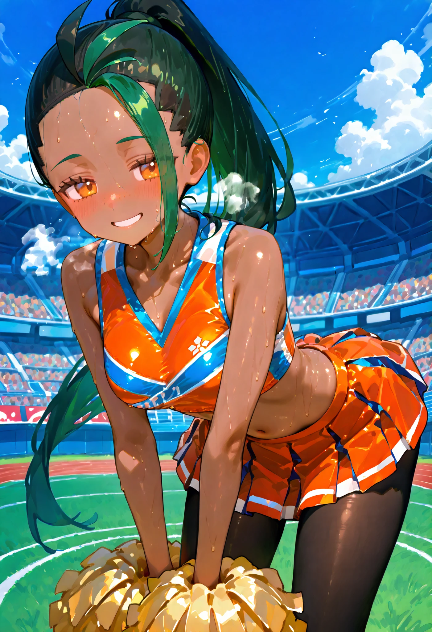Nemona / Pokémon。cheerleader clothes。Stadium。ClockTop。 Skirt。orange＆紫pomPom。Smile Yan。shortness of breath。Brown skin。dark haired。 green hair。long ponytail。forward leaning posture。From the side。black tights。sweat。fatigue。