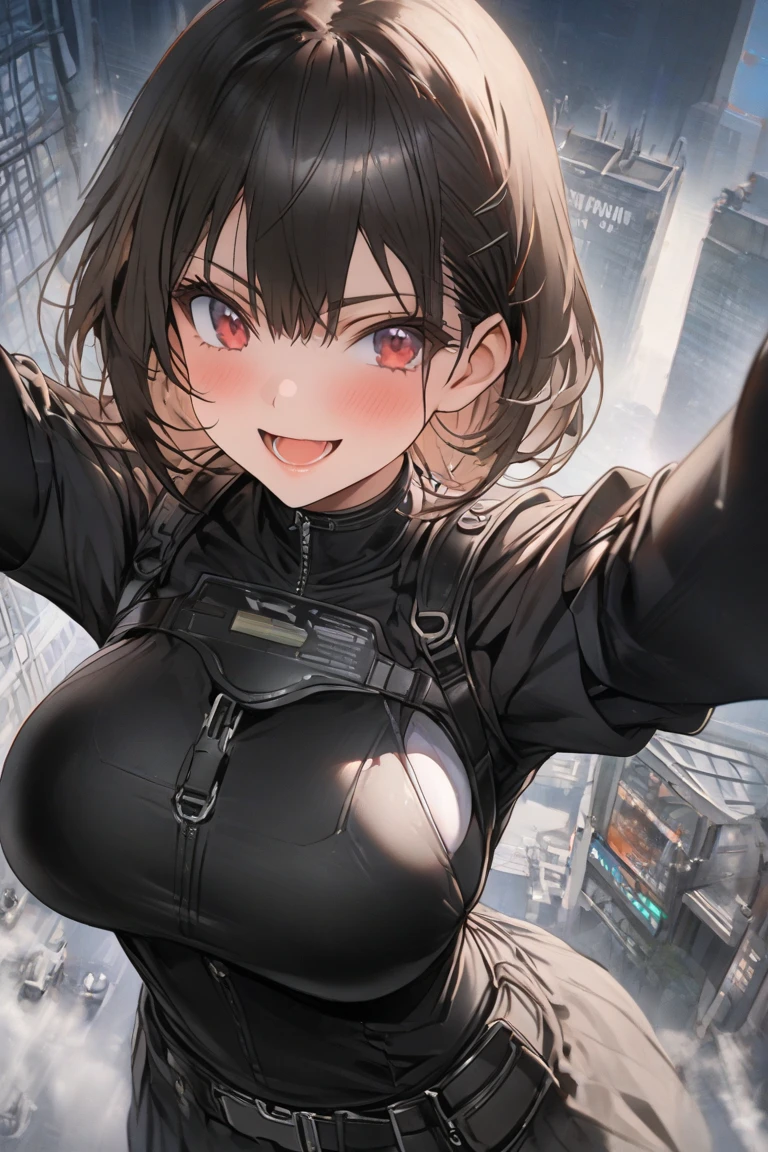 ((masterpiece, best quality, high resolution)), ingridms, hairpods, gloves, pantyhose, bow, spacesuit, medium breasts, fluffy breasts, :d, POV, blush, embarrassed, cleavage, cleavage cutout, outdoors, looking at viewer, Detail ++_Skin and Hair Details, fit, (shiny hair, shiny skin:1.05), masterpiece, best quality, ultra-detailed, solo,