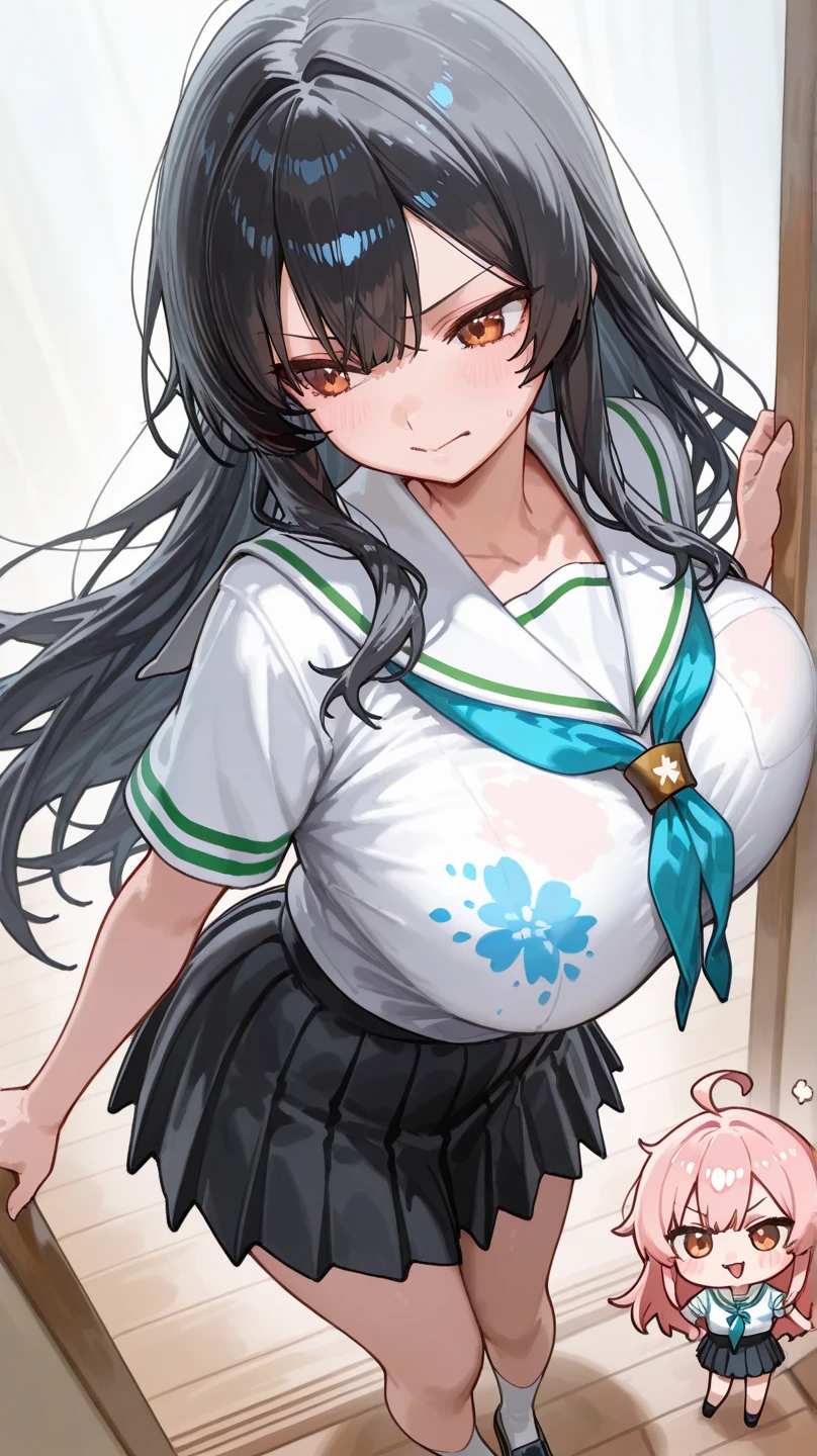 1girl. solo (wearing nothing:1.4), nsfw, large breasts, KAMIJOURUI, BLACK HAIR, HAIRCLIP, HAIR ORNAMENT, BANGS, LONG HAIR, GREEN EYES, , cooking. classroom, space, nipple, (Sweating profusely, Love juice, Wet Woman, female ejaculation), ,, Peeing, lactation, projectile lactation