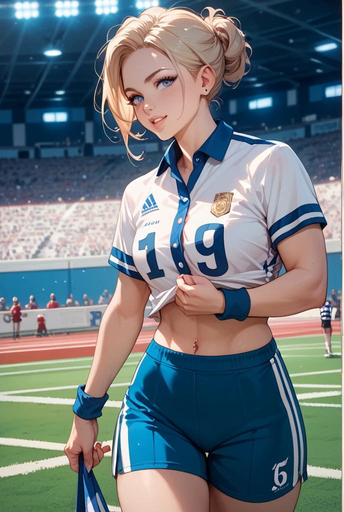 Beautiful soccer player, girl holding a soccer ball, His face is illuminated by bright light, face full of confidence and concentration, The girl is dressed in a sporty style, The perfect female face of the goddess, Деталь 8k, photo realistic style, sharp-focus, Professional lighting, colorful details, The picture is built according to the golden ratio rule