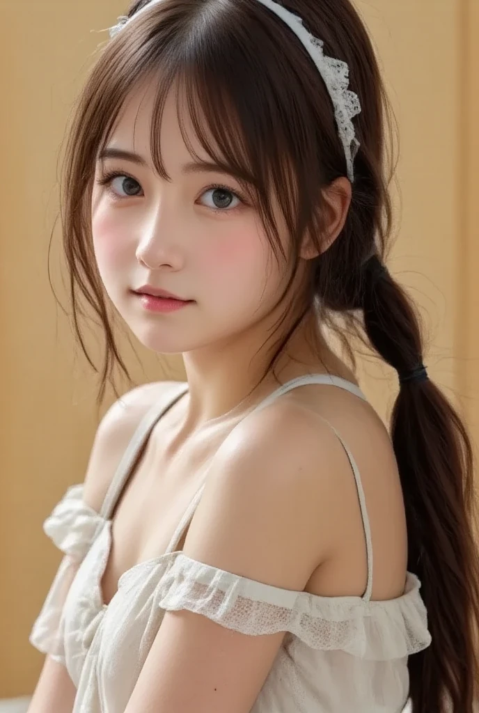 (A photo of your face:1.25), 6 years old, (Baby Face:1.4), (Round face:1.4), One Japanese woman, beautiful girl, Pretty face, (View your audience), (Standing facing the camera), (smile), (Beige tank top)、(Pure white background:1.2)