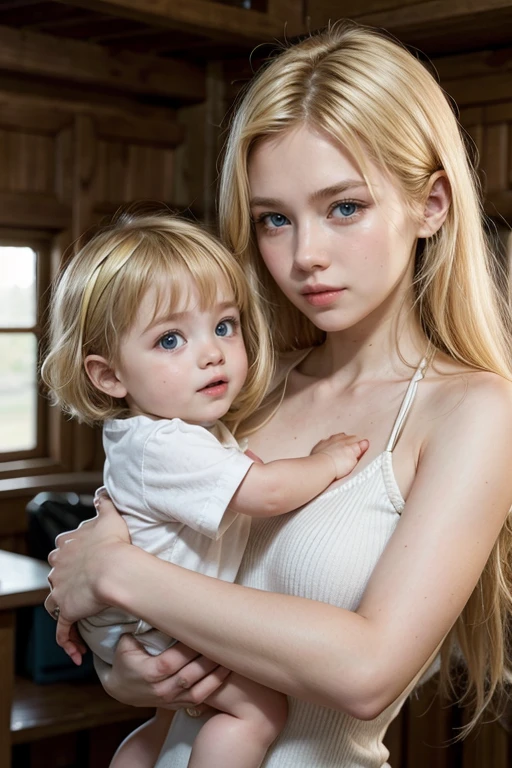 A white young European woman with fair hair in a T-shirt and jeans holds a baby girl in her arms