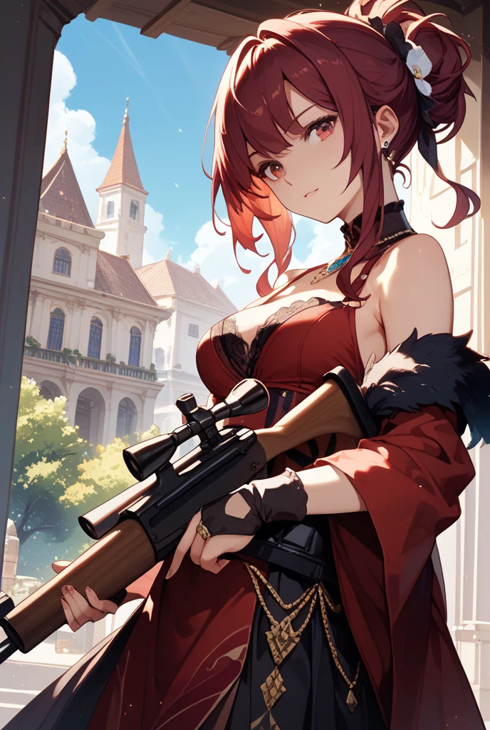 masterpiece, best quality, <lora:NikkeProfile:1> IncrsNikkeProfile, full body, zoom layer, holding weapon, holding gun, one knee <lora:aerith-nvwls-v1-final:0.8> aerith gainsborough, choker, strapless red dress, high heels, closed mouth, gentle smile,