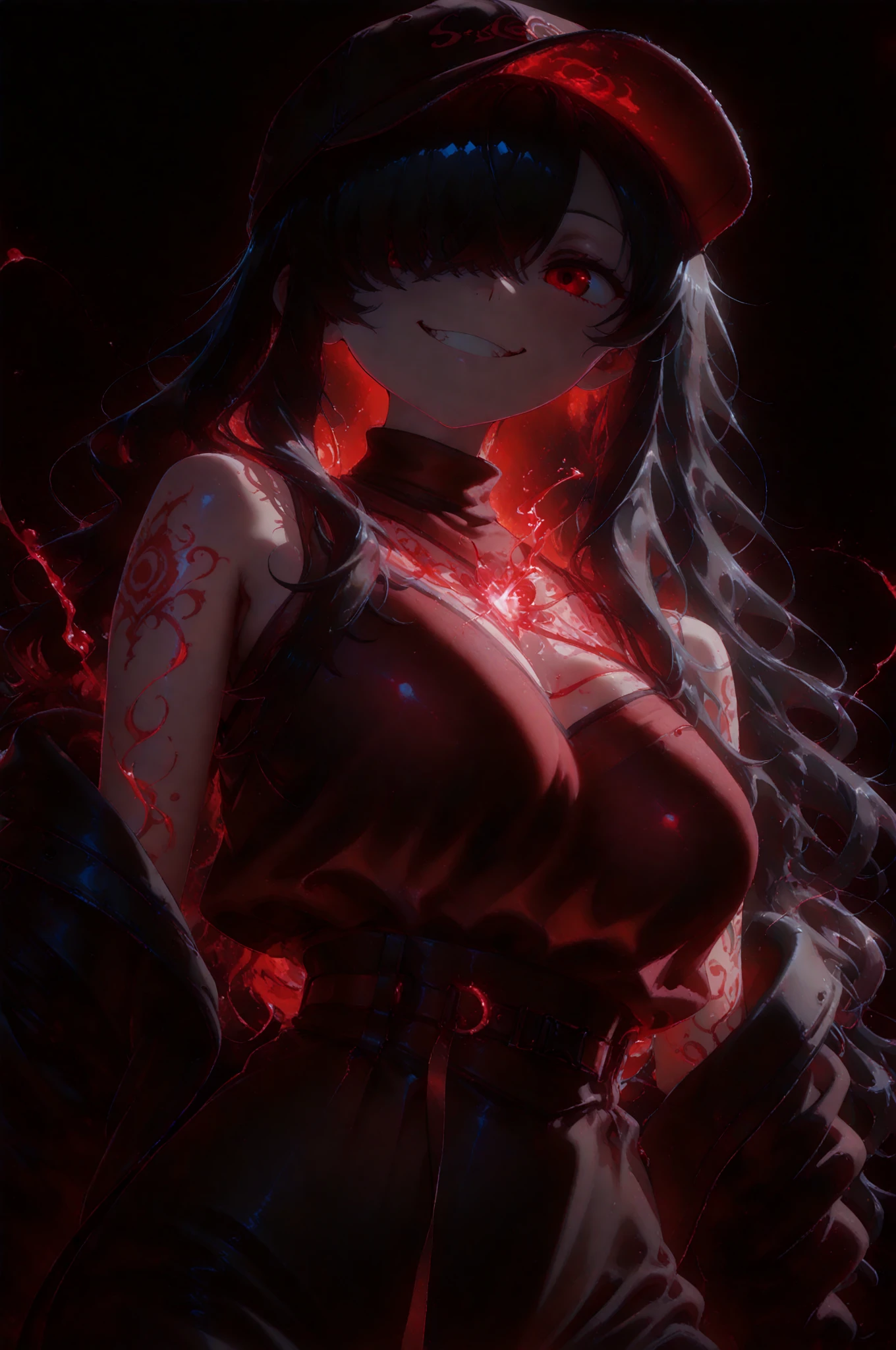 1lady , night hunter, glowing red eyes, night, creepy smile, scary, close up
hard lighting, best quality, intricate, highly detailed, masterpiece, cleavage, big breasts, blood, blood on breasts, blood on mouth, blood dripping between breasts