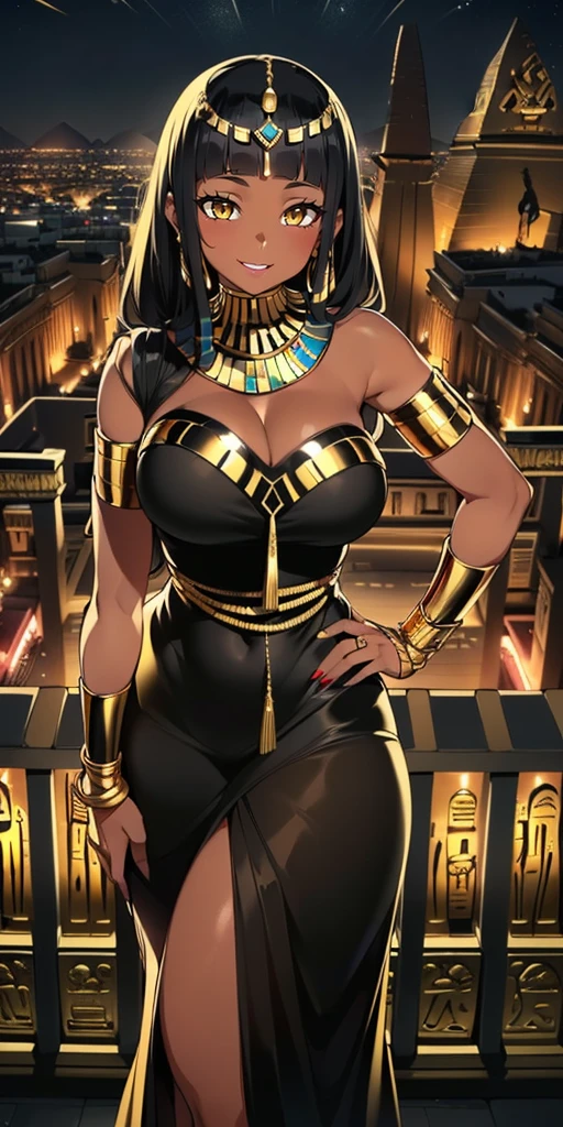 4K Quality, (sexy black woman), (big smile), ((standing up, hand on hip)), ((black and gold egyptian dress)), ((black and gold egyptian hair)), ((gold eyes)), ((dark skinned)), thick thighs, big breasted, big ass, (looking at viewer), (((in the black and gold egyptian city))), (nighttime), ((egyptian city background))