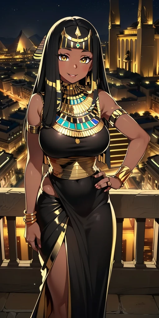 4K Quality, grinning, sexy pose, (black and gold egyptian dress), standing up, ((black and gold braids)), (dark skinned), thick thighs, big breasted, big ass, looking at viewer, amber eyes, night time, bedroom eyes, full body, egyptian city background, 