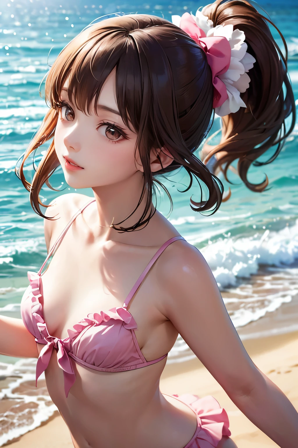 highest quality、all limbs、refers to the whole、one beautiful woman、beautiful big breasts、bare hands、barefoot、short hair、ponytail、(brown hair:1.3)、(((White and pink satin lace underwear)))、beach、The clear light blue sea、big smile、sexy pose、Wet texture of a woman's body、get down on all fours, highest quality, High resolution, Very detailed CG, (perfect hands, perfect anatomy), exact number of fingers、Exact number of legs、Exact number of arms