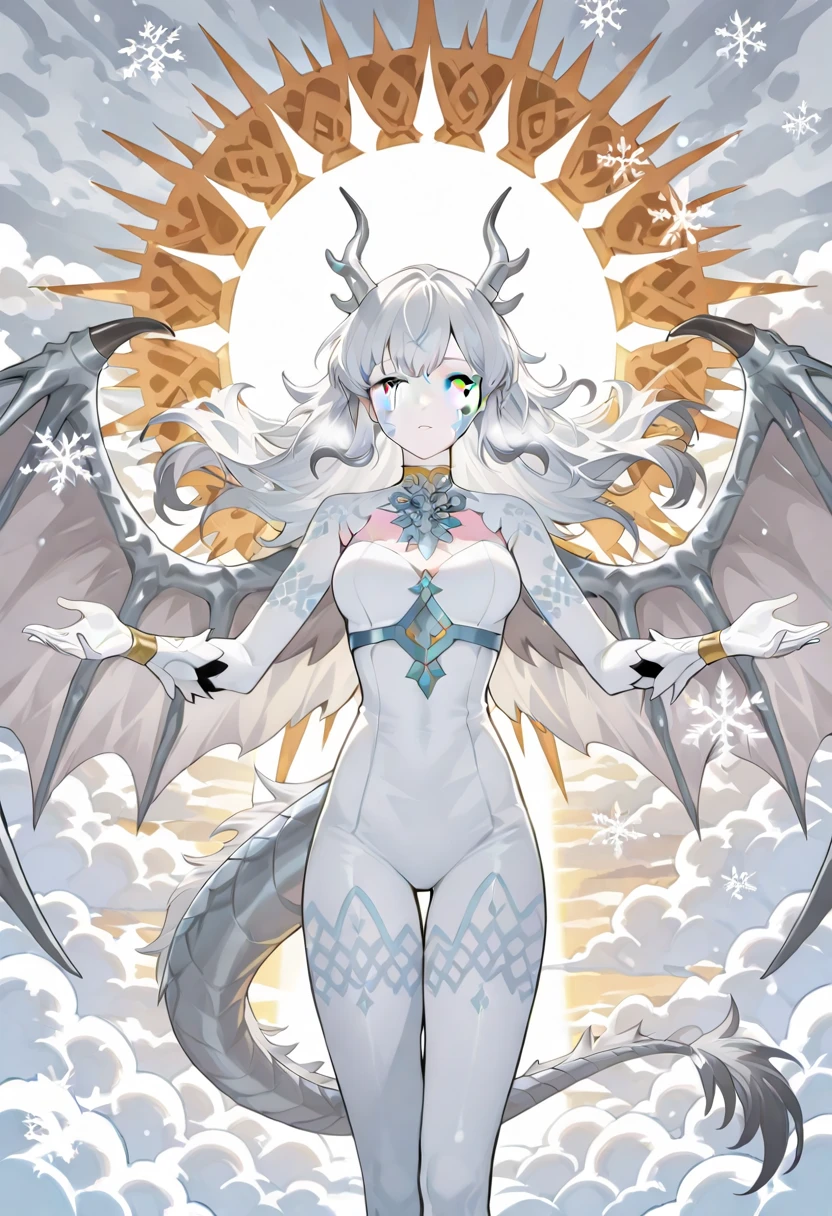 1 girl, white long hair, blue eyes, warm smile, floating, dragonian_head, dragonian_body, dragonian_hairstyle, dragonian_horns, dragonian_tail, hammer in hand