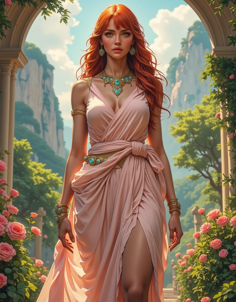 beautiful woman with long red hair and bright blue eyes, tight red dress, in a lush rose garden, head and shoulders portrait