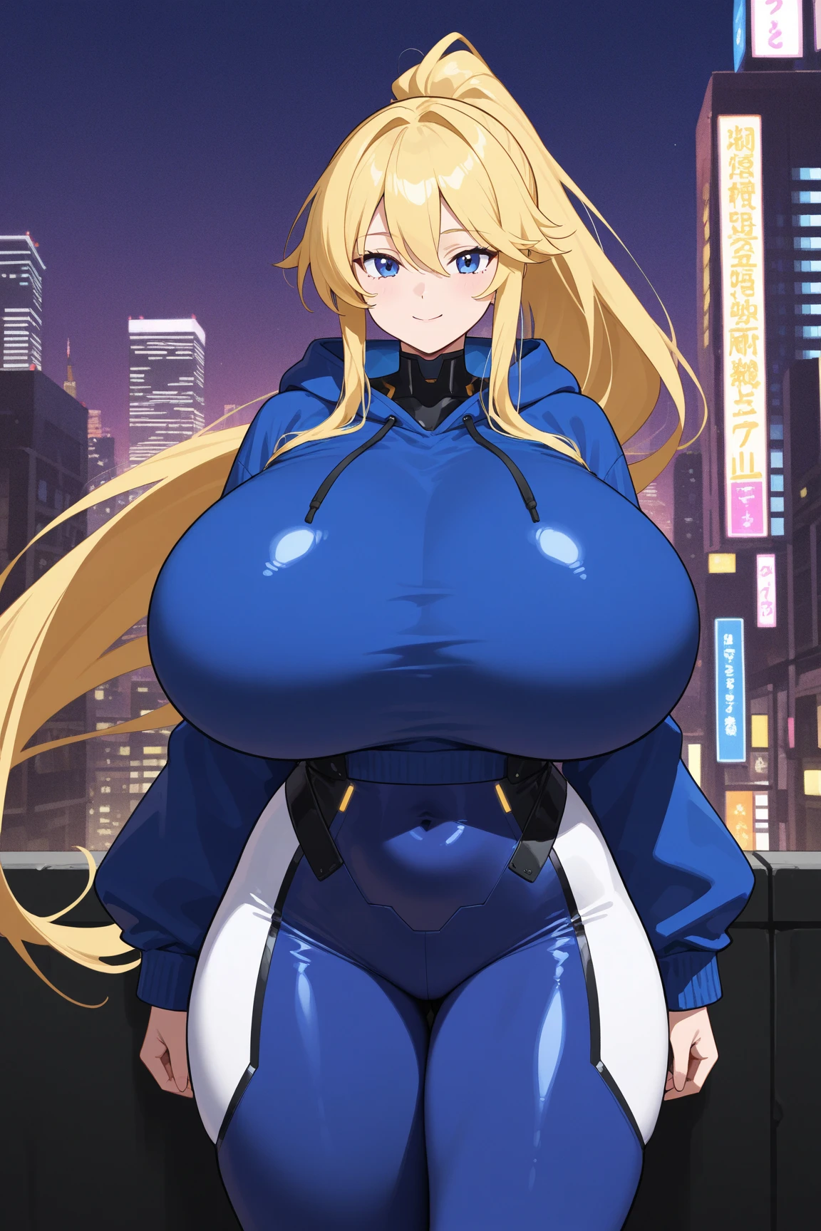 1girl, blonde hair, long hair, blue eyes, serious, black bodysuit, huge breasts, breasts, thick thighs, pilot suit, futurustic, machinery, tech, science-fiction, neon trim, neon lights, bodysuit, mature female, hourglass figure, toned, squatting, spread legs, salute, sneakers, ((full body)), full_body