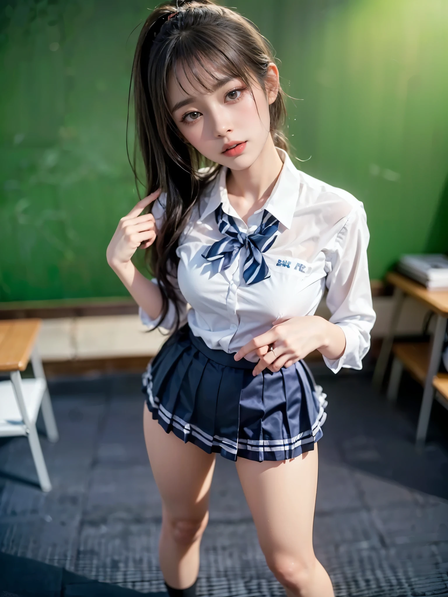 (reality: 1.4),highest quality, masterpiece, high detail, 16K quality, beautiful, 1 beautiful girl,japanese,super beautiful face,baby face,japanese idol face,cute face,super detailed face,detailed hand,beautiful skin,oily skin,big eyes,profeccional lighting,medium hair,black hair,brown beautiful eyes, big smile,sitting with knee up, (skirt lift),big breasts,(sailor suit),(checked skirt),white panties,(showing panties),black high socks,spread legs, she is looking at the camera,Skyscraper rooftop,blue sky, nsfw,from front,