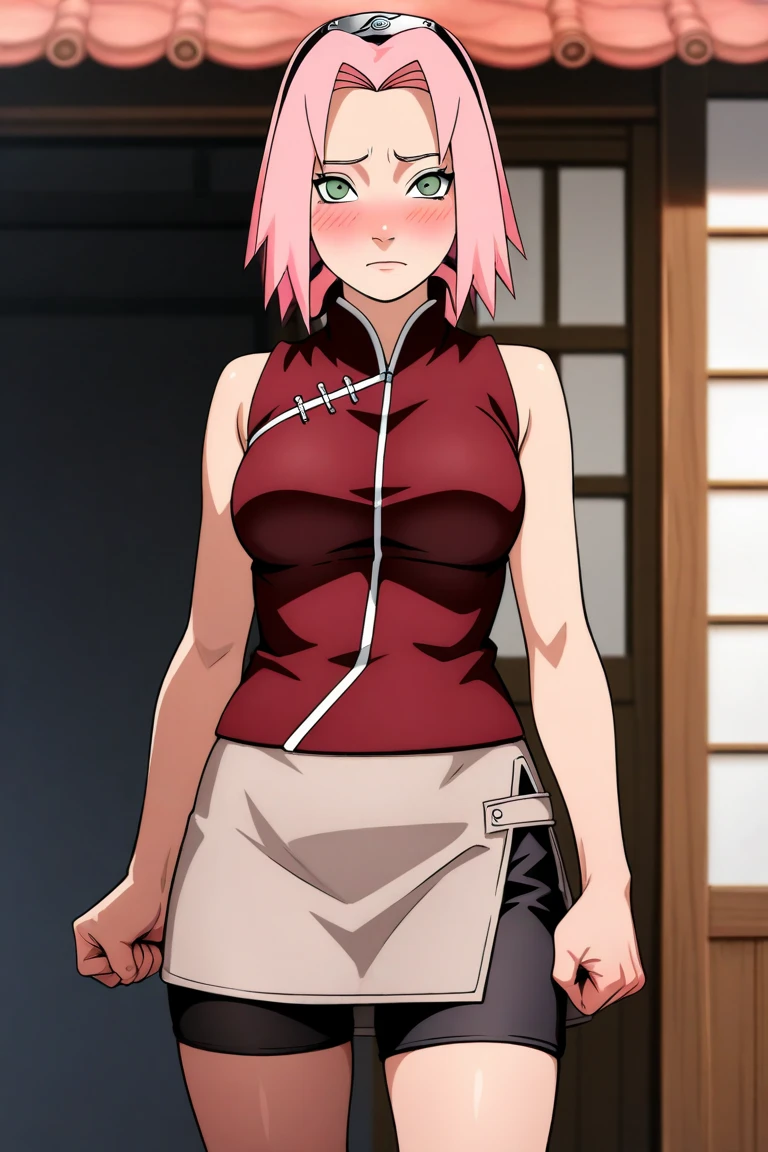 obra maestra, high resolution, alta calidad, cara detallada, Renderizado detallado del cuerpo, 1 chica, Solo, sakura haruno, Traje sin mangas de Hinata, pechos grandes, pecho grande, camisa sin mangas, top de rejilla, labios oscuros, chaqueta sin cremallera, sin sujetador, pechos afuera, nipple, de pie, se sonroja, (en el dormitorio)