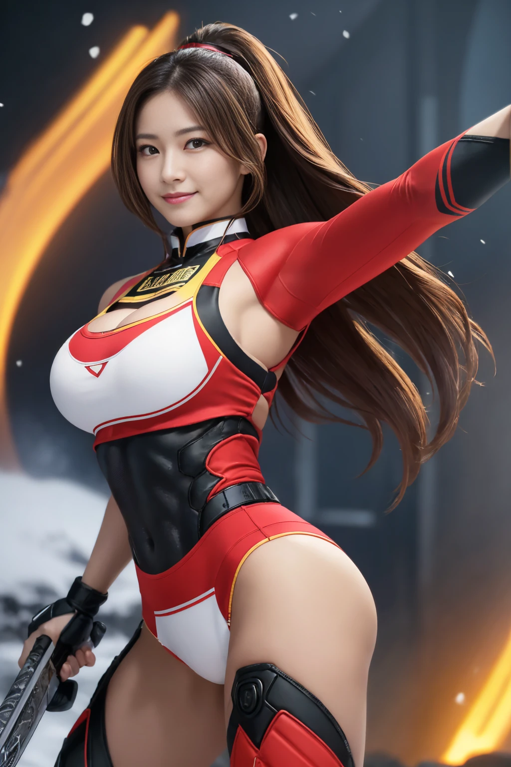 "Complete art masterpiece, high quality, ultra detailed in 4k, 8k, high resolution, hyper-realistic photo, hyper-detailed, realistic skin texture, amazing shadows, extremely detailed texture, perfect lighting, high-level image quality." A female heroine, (Fair skin, brown hair, chinese, outlined eyes, outlined face, gloves, Full body), wearing a one-piece superhero costume, running from a fire building