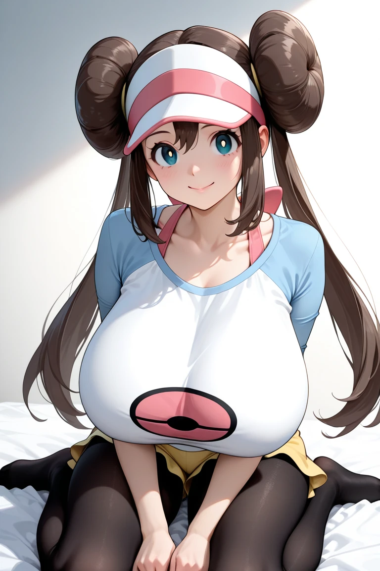 ​masterpiece, top-quality, hight resolution, RO1, Hair buns, blue eyess, Twin-tailed, Visor Cap, raglan sleeves, Yellow shorts, The shirt, Pink ribbon, Watches,large full breasts、、appealing breast、breastso、sexy tummy,  tetas grandes, solo, 1girl, BEDROOM background, hands on chest, embarrased, blush, embarrased, lying on bed, 