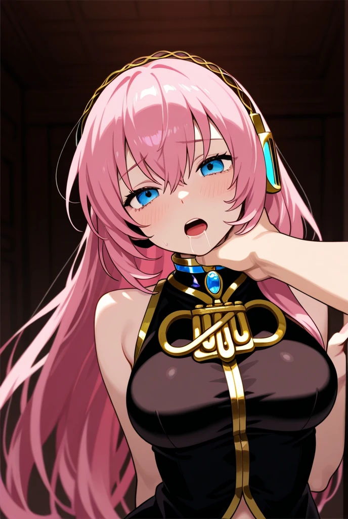 masterpiece,Beautiful adult woman ,Megurine Luka,Megurine Lukaの公式衣装,headphone,Black costume with gold decoration,Pink long hair,blue eyes,Embarrassed expression,blush,Open your mouth,E cup breasts,Take off and show your nipples,Put a short penis between your breasts,Titty fuck,Put your chest close,Bedroom