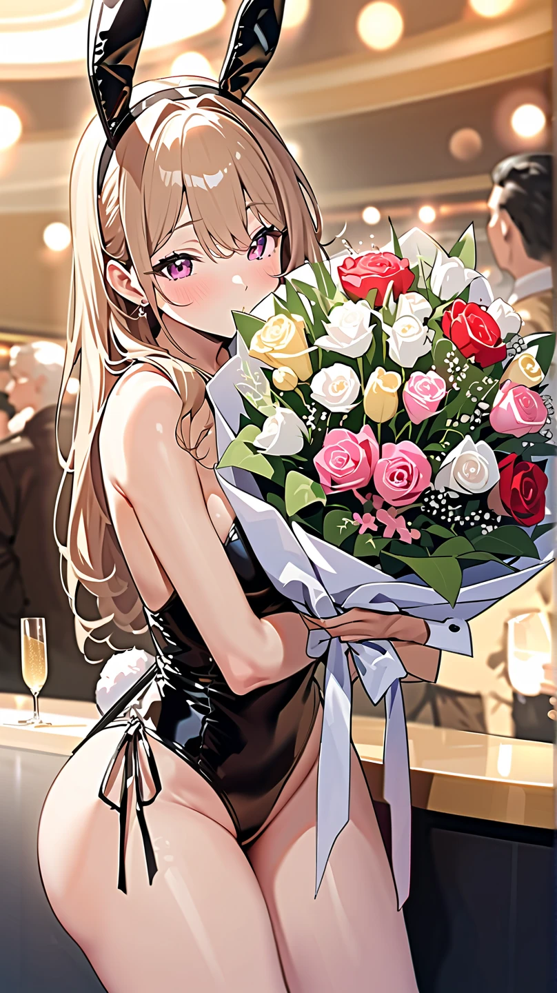 ((Highest quality、、masterpiece:1.3)), Upper Body、Long legs、Sharp focus:1.2, Beautiful woman with perfect figure:1.4、(Smiling:1.2), double eyelid、30-year-old female、Sexy pose、((((Close your mouth、One Woman、Bunny girl、celebration、Champagne、bouquet、Luxury hotel lounge))))、(((((Hands on the side of the body)))))