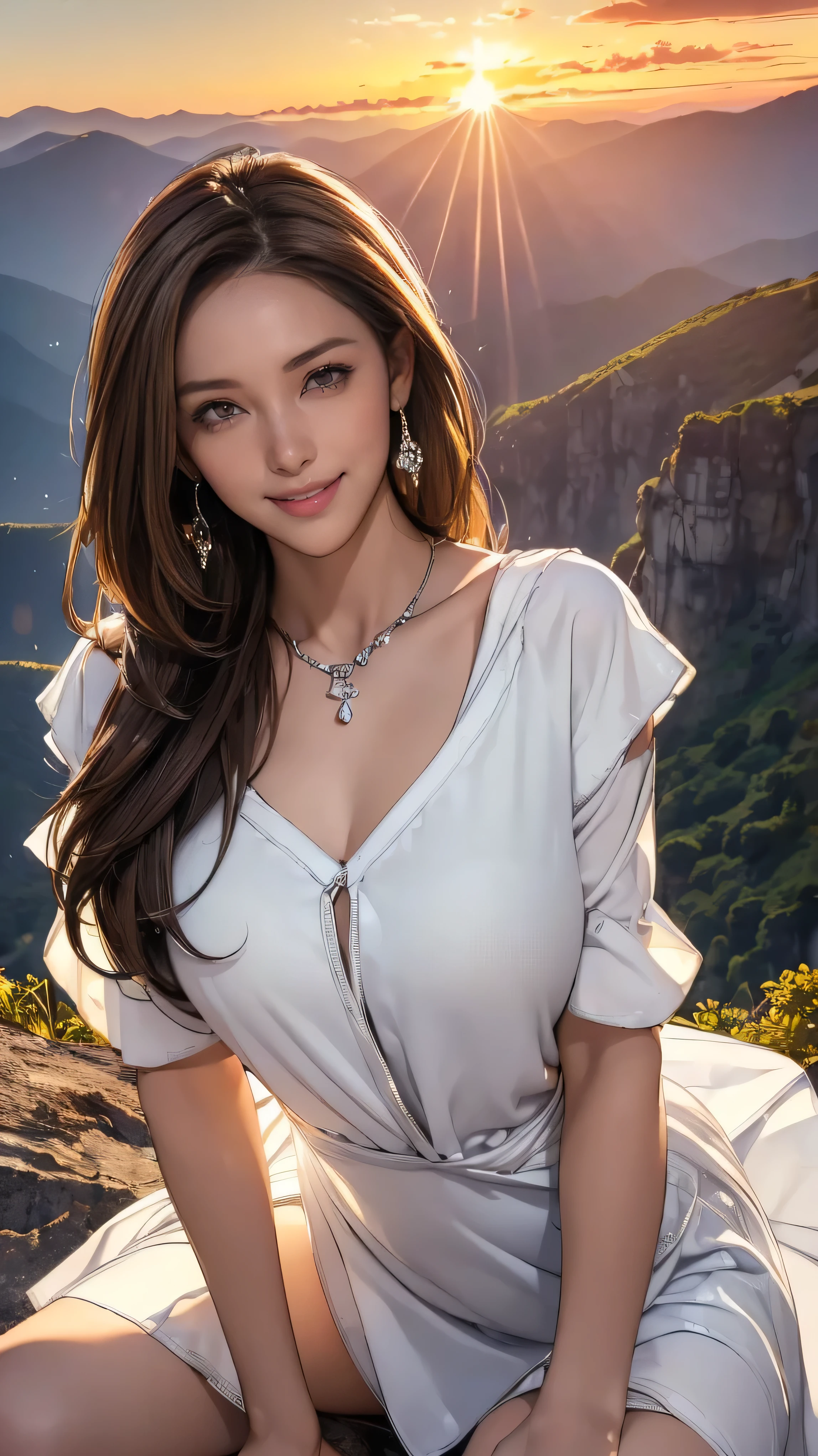 <lyco:GoodHands-beta2:0.5>,high quality, masterpiece, (realistic, photo-realistic:1.2) ,high definition, ultra detailed, raw photo,1girl,detailed eyes, glowing eyes, (beautiful, aesthetic, perfect, delicate, intricate:1.2),Dark hair, dark eyes, upper body, sun flare, outdoors, mountain, valley, sky. clouds, smiling,