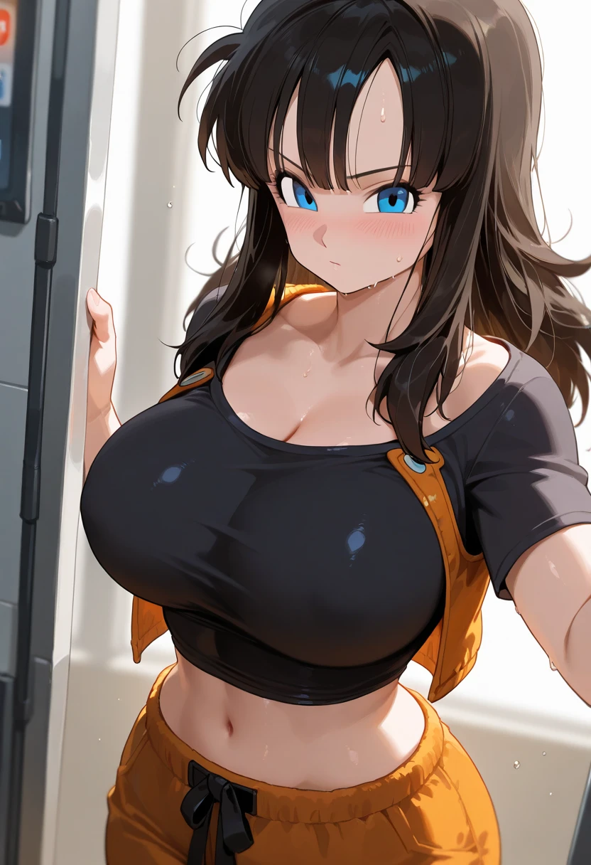Gloria Martinez, 1girl, solo, brown hair, yellow eyes, breasts, cleavage, large breasts, looking at viewer, hair bun, single hair bun, black shirt, bangs, closed mouth, yellow jacket, open jacket, blue pants, sidelocks, long sleeves, cowboy shot, <lora:Gloria Martinez v1:0.8>,, masterpiece, best quality,