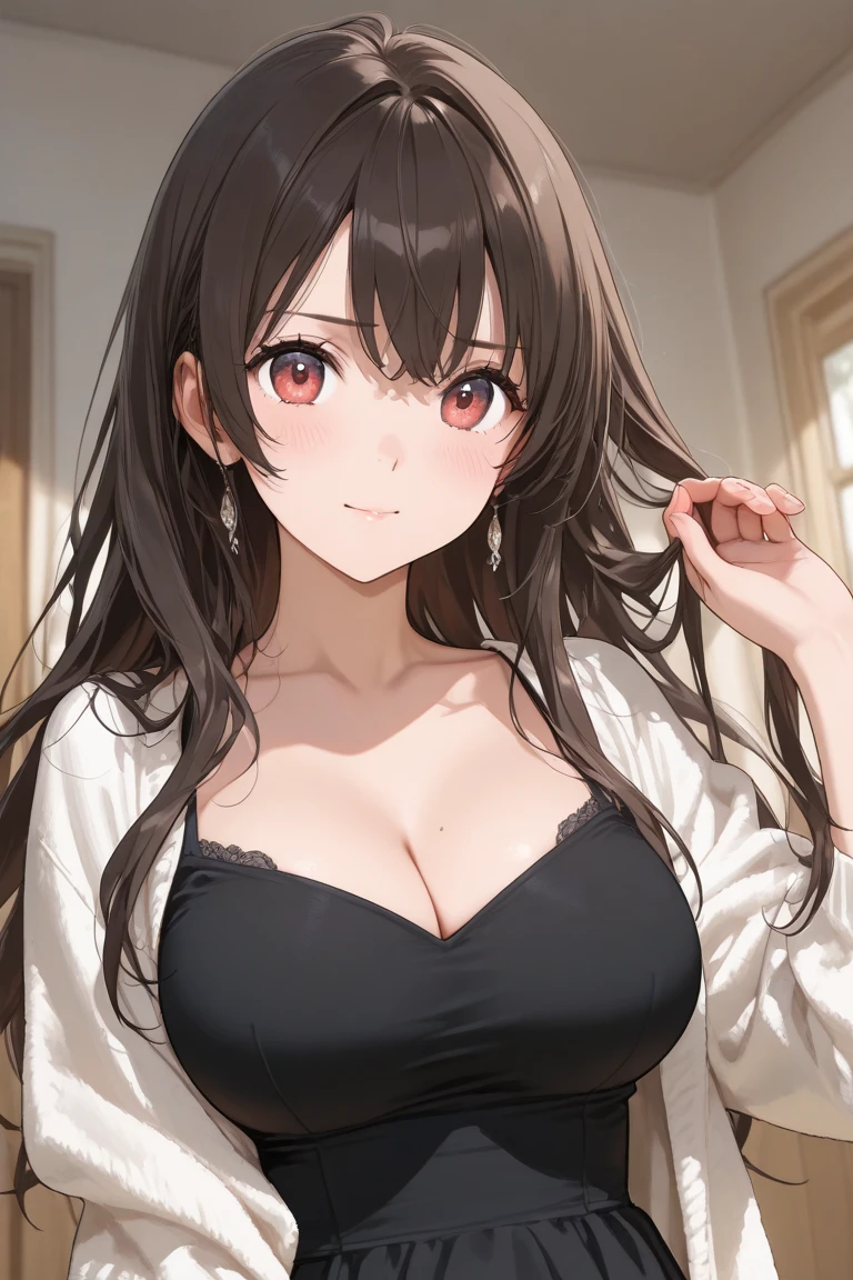 leaning forward, Shooting from above、Upper Body, Realistic, real person, (pale skin: 1.2), RAW photo, photorealistic, shiny skin, shiny hair、(A 2 woman with medium-length hair and bangs) and (wavy hair) and (brown hair) and (orange eyes) , White off-shoulder blouse 、smile, Cleavage, The background is a cafe、Alone、Are standing