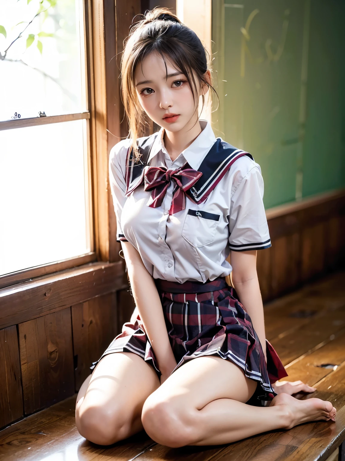 (spreading her legs for the camera:1.5)、（open legs:1.5）、（I can see my pants:1.2）、white pants、((No makeup、looking at camera:1.2))、(realistic、Photoreal、super detailed、best detailed skins、highest quality、masterpiece、Super high resolution)、cute japanese woman、17 years old、high school girl、young girl、1 girl、have bangs、double eyelid、purity、double teeth、realistic肌タイプ、fluffy hair、red cheeks、the wind is blowing、(school uniform shirt）、(Ribbons for school uniforms)、plaid skirt、black hair、bright classroom、（school classroom）、machine、Chair、bright atmosphere、8K RAW photo、High resolution、(big round breasts:1.2)、beautiful eyes、detailed eyes、drawn in detail、long eyelashes、美しいdouble eyelid、evil look、beautiful and very thin legs、Beautiful and very thin thighs,simple necklace、（I can see my crotch:1.2）、extremely short skirts、pretty embarrassing、red cheeks、medium hair、