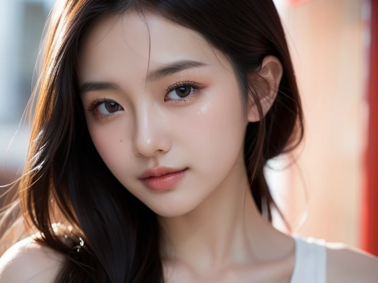 8K, masterpiece, RAW photos, best quality, realistic, extremely detailed CG unity 8K wallpaper, depth of field, cinematic light, lens flare, ray tracing, (very beautiful face, beautiful lips, beautiful eyes), A face with intricate details, ((highly detailed skin)) 1girl mid shot、Beautiful woman looking at camera、Chris Foss&#39;s off-the-shoulder sweater fall glow、street corner in autumn、Maple、summer city landscape background, split.