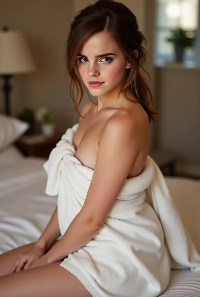 Emma Watson, 25 ans, topless, juppe de Quidditch de Gryffondor, Lace garter, chambre de Gryffondor, seductive smile, regarder la caméra, professional lighting, sexy, seductive pose, lying on the bed, jambes ouvertes,