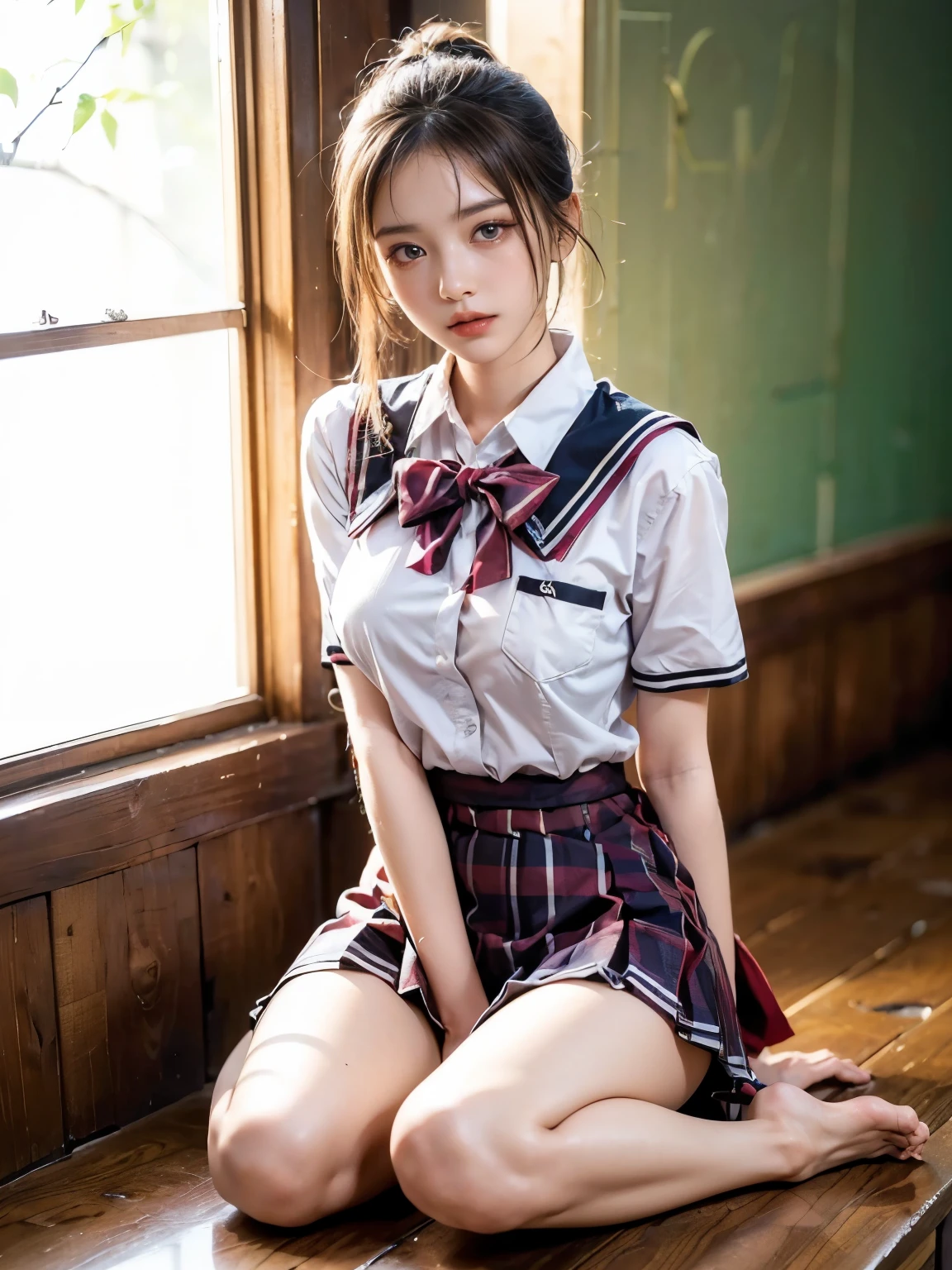 waistband of skirt is at the point above chest , tifa lockhart school girl big breast , red knot , red bow , skirt dark red , plaid skirt , pleated skirt , professional women photo, masterpiece, big, 1girl, shiny skin, flirting, from above, (bangs), (sweaty: 1.3), blur background, photo of a woman 20 years old, white panties, , panty shot, spread legs, skirt, , socks, dark brown hair, blurry background, knee-high, white shirt, loafers, realistic, lips, Brown eyes, Black socks , Dark blue pleated skirt, Sideways, Brown footwear, Top quality, Ultra detail, School classroom, Angle from below, Glossy skin, Shiny skin, Sweaty on thighs, Long eyes, Mature beautiful face, Seductive eyes, Lifting thighs, Backlit, bent at the waist, M legs,(blush), big tits , big breasts , tifa lockhart