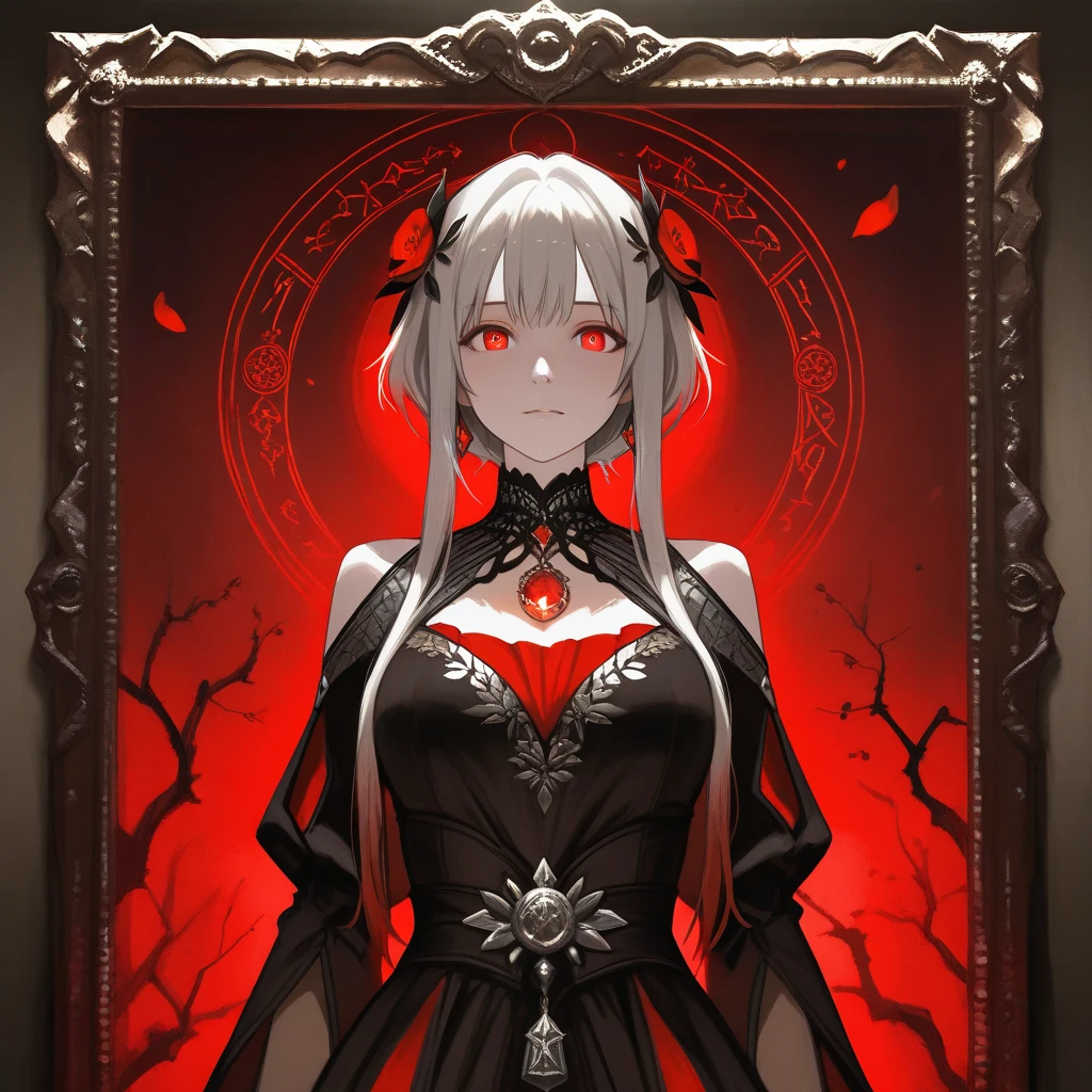 Queen of spades pattern design,poker,Draw an image of an aristocratic woman, Alabaster skin and red eyes exude a brutal aura., She wears a sinister tiara studded with dark jewels.,Wearing a sexy dress, She holds a scepter decorated with evil symbols, Malicious Aura